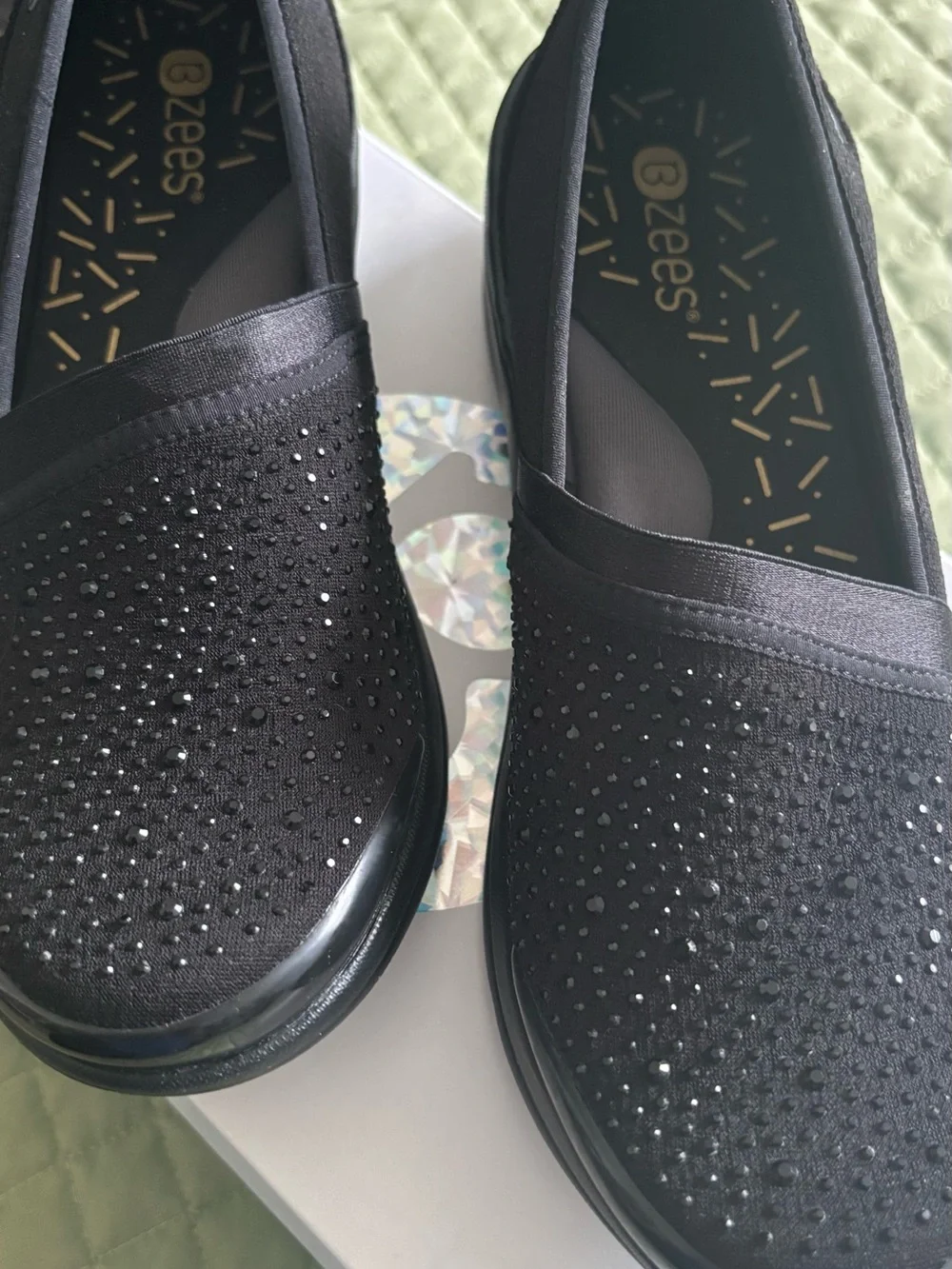 Bzees Black Slip-On Flats with Crystal Accent